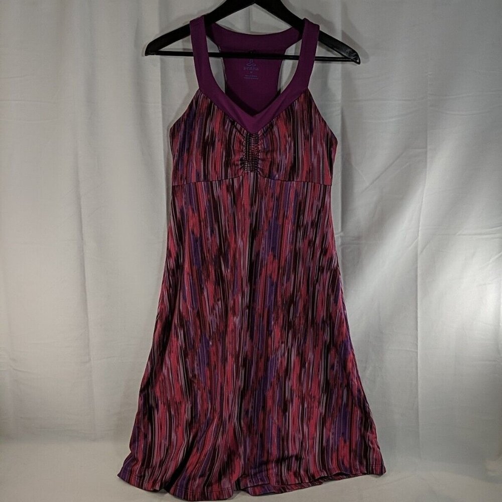 Prana Striped Dress M Pink Sleeveless V-Neck Purple Built in Bra Cali Racerback